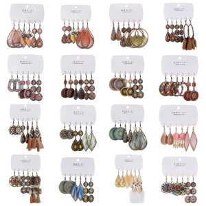 3 Pair Bohemian Zinc Alloy Statement Earrings Set Mixed Thread Tassel Teardrop Floral Dangle Earrings Vintage Jewelry Women Gift