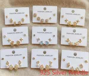 3-Pair Small Gold-Plated Stud Earring Set with 925 Silver Needles, CZ, and Enamel for Women and Girls