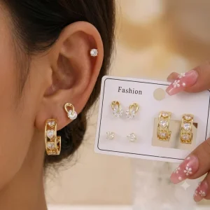 3 Pairs 18K Gold Plated CZ Earring Set Heart Hoop Round Zircon Stud Twist Crystal Drop Earrings Women Fashion Jewelry Gift