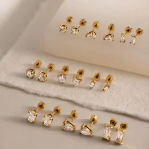 3 Pairs 18K Gold Plated Stainless Steel Stud Earrings Set Mixed Zirconia Flat Back Earrings for Women