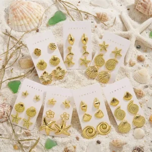 3 Pairs Gold Color Starfish Shell Stud Earrings Set for Women Stainless Steel Star Earrings Boho Jewelry Gift