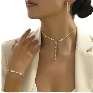 3 Pcs Set Crystal Geometric Wedding Costume Jewelry Bridal Rhinestone Necklace Earrings Bracelet for Ladies