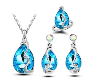 3 Pcs Set Fashion Jewelry Set Blue Crystal Rhinestone Water Drop Shape Pendent Necklace Earrings Ring Set for Women