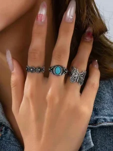 3 Pcs Vintage Western Rings Set for Women Cowboy Boots Bull Head Turquoise Stone Statement Ring Stackable Cowgirl Jewelry Gifts