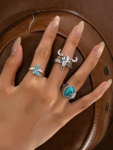 3 Pcs Vintage Western Rings Set for Women Cowboy Boots Bull HeadTurquoise Stone Statement Ring Stackable Cowgirl Jewelry