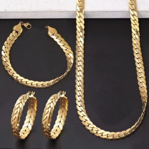 3 Piece Fashion Jewelry Sets 18K Gold Plated Stainless Steel Hip Hop Thick Flat NK Chain Necklace Bracelet Earrings Sets Women