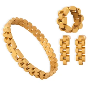 3-Piece Women’s Jewelry Set Stainless Steel 18K Gold Plated Watch Chain Link Bracelet Ring Earrings