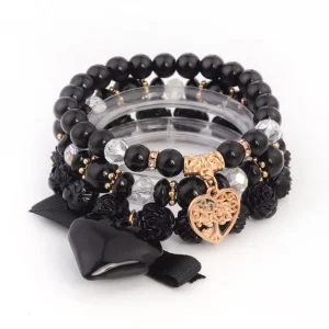 3 Sets Fashion Bohemian Style Hollow Alloy Heart shaped Pendant with Multi layered Elastic Rope Bracelet