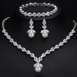 3 in 1 Pearl Silver Cubic Zirconia Evening Dress Wedding Accessories Bridal Jewelry Sets