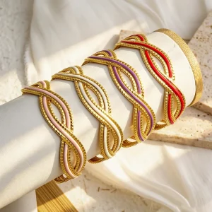 304 Stainless Steel Gold Plated Twist Enamel Bangle Two Tone Intertwined Wave Colorful Open Adjustable Bracelets for Women Gift