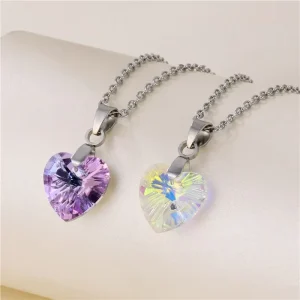 304 Stainless Steel Heart Pendant Link Chain Cubic Zirconia Crystal Geometric Love Medal Necklace