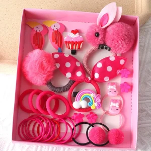 30Pcs Children Cute Hair Accessories Set Baby Fabric Bow Rabbit Rubber Hair Bands Barrettes Hair Clips Girls Headdress Gift