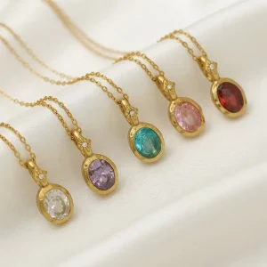 316 Stainless Steel Crystal Gemstone Necklace 14K Gold 12 Birthstone Cubic Zirconia Pendant Necklace for Girls Jewelry Gift
