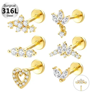316 Stainless Steel Waterproof Flat Back Earrings Zircon Cartilage Helix Ear Piercing Jewelry