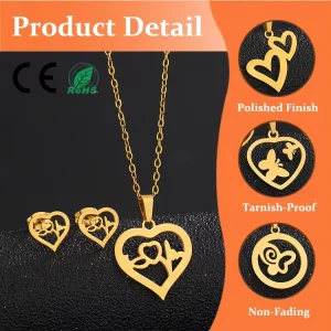 316L Custom Fashion Stainless Steel Gold Geometric Love Butterfly Flower Cat Pendant Necklace Earring Set
