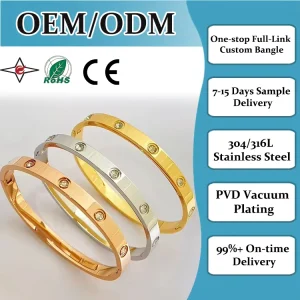 316L Custom Unisex Fashion Adjustable Stainless Steel 18K Gold Plated Cubic Zirconia CZ Cuff Bangle Jewelry Women Men