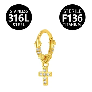 316L Gold Color Hinged Nose Piercing Helix Piercing Nose Rings Cross with Clear Cubic Zircon Stone Jewelry