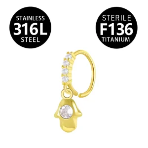 316L Gold Color Hinged Segment Nose Body Piercing Hand Dangle Metal with Clear Cubic Zircon Stone Jewelry