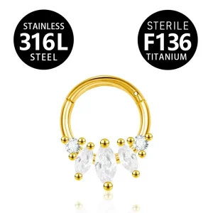 316L Gold Color Hinged Segment Nose Body Piercing Marquise Cubic Zircon Anti Allergy Jewelry
