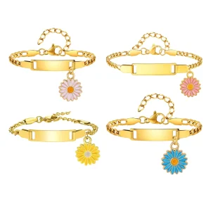 316L Stainless Steel 18K Gold Custom Engravable ID Bar Bracelet Enamel Daisy Charm Curb Chain for Women Girls Waterproof