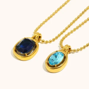 316L Stainless Steel 18K Gold Plated Blue CZ Bezel Pendant Necklace Waterproof Ball Chain Jewelry For Women