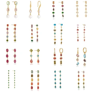 316L Stainless Steel 18K Gold Plated Multicolor CZ Long Drop Dangle Earrings Fashion Jewelry For Women Colorful Gemstone Earring