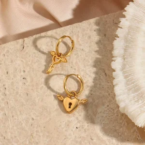 316L Stainless Steel 18K PVD Gold Earrings Asymmetrical Heart Key Wing Fashion Dangle Earrings