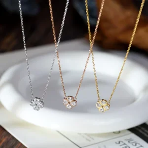 316L Stainless Steel 18K PVD Gold Plated 3-Color CZ Four Leaf Clover Pendant Thin Cable Link Chain Necklace