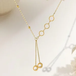 316L Stainless Steel 18K PVD Gold Plated Bead Chain Hollow Circle Inlaid Zircon Lariat Pendant Fashion Choker Charm Necklace