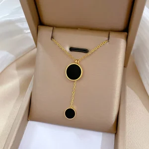 316L Stainless Steel 18K PVD Gold Plated Black Double Round Disc Pendant Thin Cable Link Chain Fashion Choker Charm Necklace