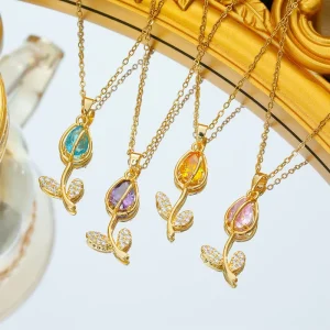 316L Stainless Steel 18K PVD Gold Plated Crystal Tulip Pendant Necklace Fashion Charm Chain Necklace for Women