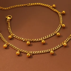 316L Stainless Steel 18K PVD Gold Plated Cuban Link Chain with Dangling Ball Charms Bracelet for Women Custom Bulk