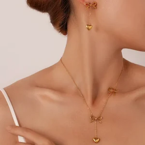 316L Stainless Steel 18K PVD Gold Plated Double Bow Heart Pendant Y Drop Thin Chain Fashion Choker Charm Necklace for Women
