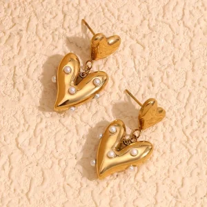 316L Stainless Steel 18K PVD Gold Plated Double Heart Dangle Drop Stud Earrings Inlaid Tiny Pearl Luxury Charm Piercing Jewelry