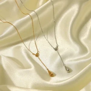 316L Stainless Steel 18K PVD Gold Plated Double Teardrop Waterdrop Pendant Thin Cable Link Chain Fashion Choker Charm Necklace