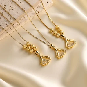 316L Stainless Steel 18K PVD Gold Plated Fan Shaped CZ Pendant Necklace Tarnish Free Waterproof Beaded Chain Necklace for Women