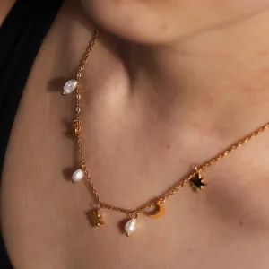 316L Stainless Steel 18K PVD Gold Plated Freshwater Pearl Moon Star Charm Cable Link Chain Necklace