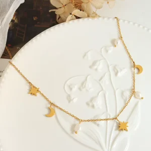 316L Stainless Steel 18K PVD Gold Plated Freshwater Pearl Star Moon Pendant Thin Link Chain Fashion Choker Charm Necklace