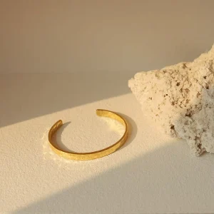 316L Stainless Steel 18K PVD Gold Plated Hammered Cuff Bangle Tarnish Free Waterproof Women’s Open Textured Stackable Bangle