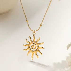 316L Stainless Steel 18K PVD Gold Plated Hammered Sun Spiral Pendant Snake Link Chain Fashion Choker Charm Necklace for Woman
