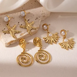 316L Stainless Steel 18K PVD Gold Plated Imitation Pearl Starfish Sun Spiral Dangle Drop Stud Earrings Fashion Charm for Women