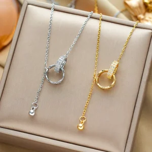316L Stainless Steel 18K PVD Gold Plated Interlocking Circle Crystal Pendant Lariat Necklace Fashion Choker Chain Necklace