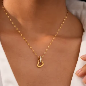 316L Stainless Steel 18K PVD Gold Plated Interlocking Heart CZ Pendant Shiny Flake Link Chain Fashion Charm Choker Necklace