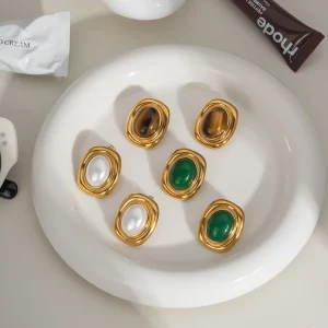 316L Stainless Steel 18K PVD Gold Plated Multi Color Inlaid Oval Statement Stud Earrings for Women Luxury Ear Jewelry