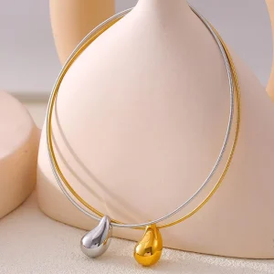 316L Stainless Steel 18K PVD Gold Plated Necklace with Chunky Teardrop Pendant Waterproof Hypoallergenic Jewelry for Women