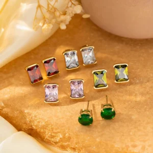 316L Stainless Steel 18K PVD Gold Plated Rectangle Zirconia Stud Earrings for Women