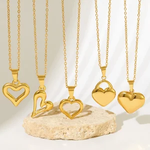 316L Stainless Steel 18K PVD Gold Plated Solid and Hollow Heart Pendant Thin Link Chain Choker Necklace for Women