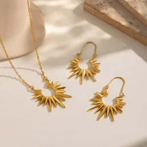 316L Stainless Steel 18K PVD Gold Plated Sunburst Spiked Pendant Necklace and Hoop Earrings