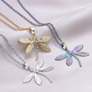 316L Stainless Steel 18K PVD Gold Plated Textured Dragonfly Pendant Thin Cable Link Chain Fashion Choker Charm Necklace Custom
