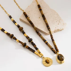 316L Stainless Steel 18K PVD Gold Plated Tiger’s Eye Wood Beaded Pendant Necklace for Women